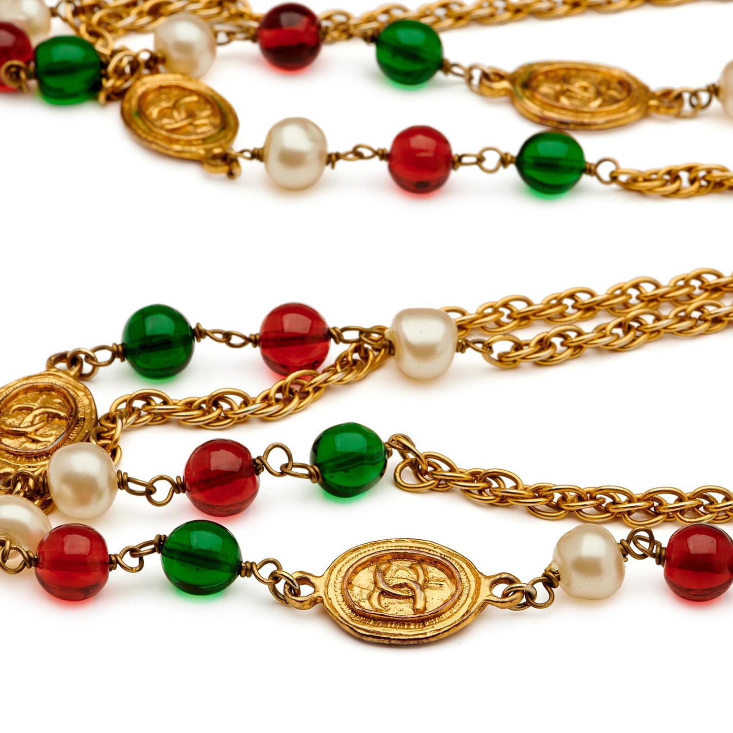 CHANEL Vintage Double Long Stamped Beaded Necklace